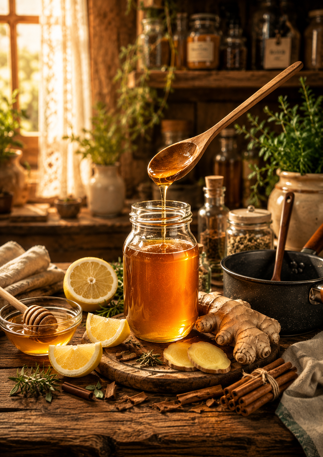 Mesa tradicional con miel, limones y jarabes naturales